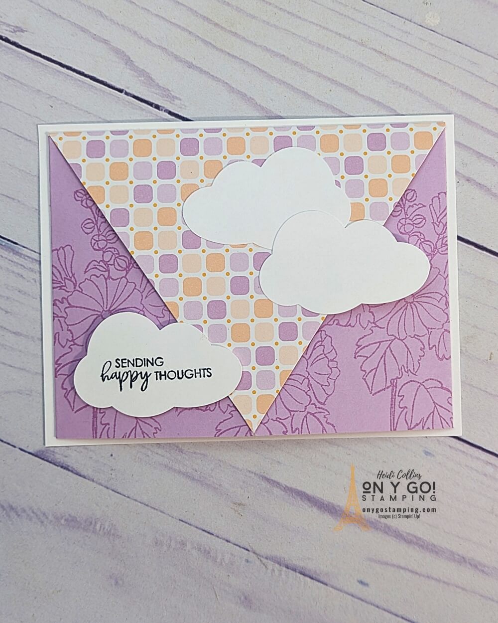 Fun fold card design with an envelope flap closure. This card uses the Dandy Designs patterned paper and Beautifully Happy stamp set from Stampin' Up! Get the free downloadable quick reference guide.