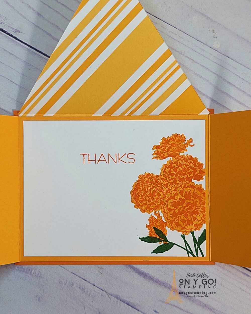 Handmade thank you card with a floral design and a fun fold. Get the free quick reference guide for this envelope flap fun fold card.