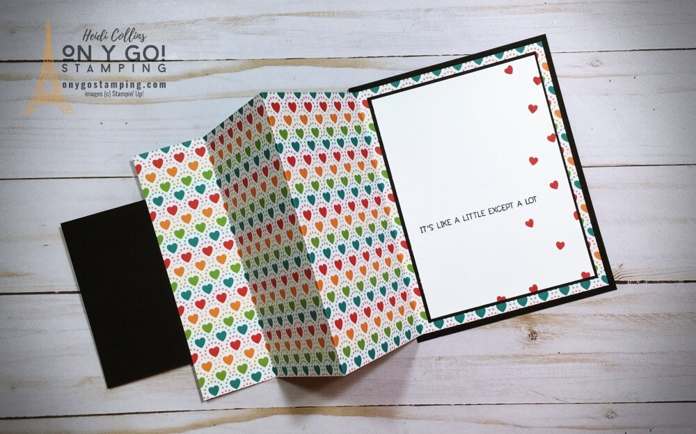 Inside of a handmade Valentine's card. This fun fold design shows all the love with beautiful heart covered patterned paper from Stampin' Up!