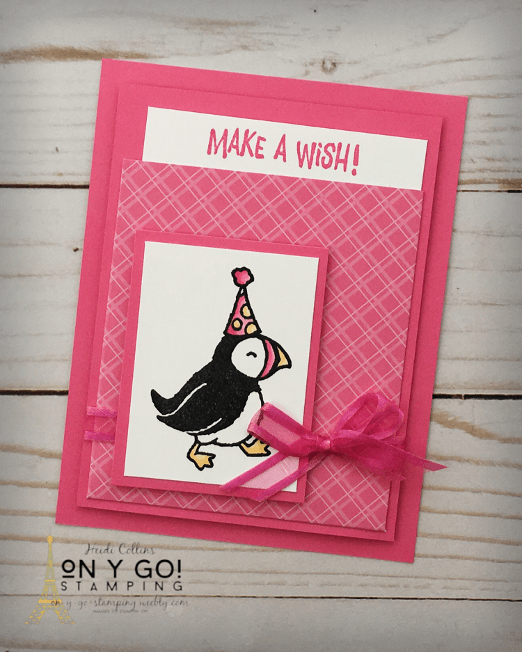 Birthday Card design with the Party Puffins stamp set in Polished Pink. These fun stamps and papers are now available!