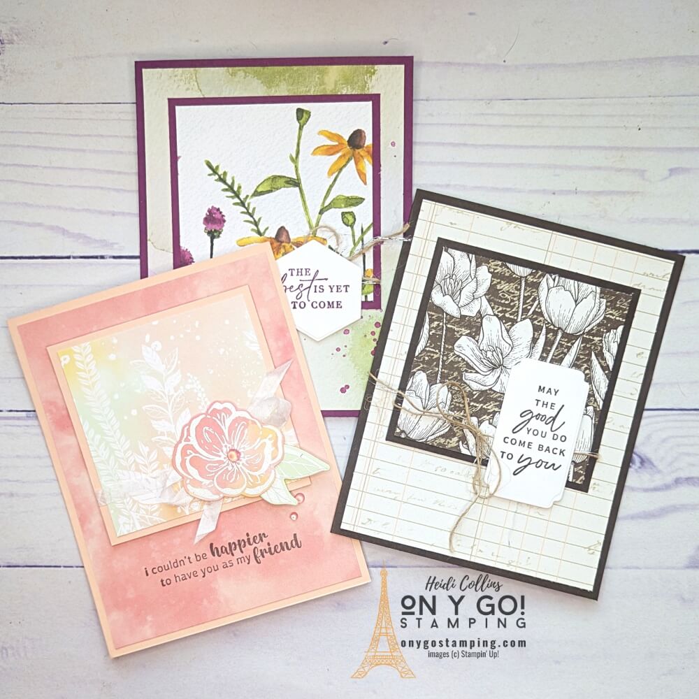 Make quick and easy handmade cards with a card sketch and Stampin' Up! patterned paper. See three floral card designs using the Dainty Flowers, Hello Irresistible, and Abigail Rose Designer Series Papers. This handmade card design is perfect for showing off beautiful patterned papers!