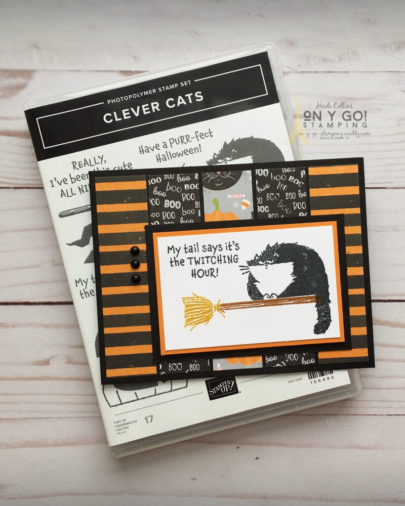 Quick and easy Halloween card using the Clever Cats stamp set and the Cute Halloween patterned paper.