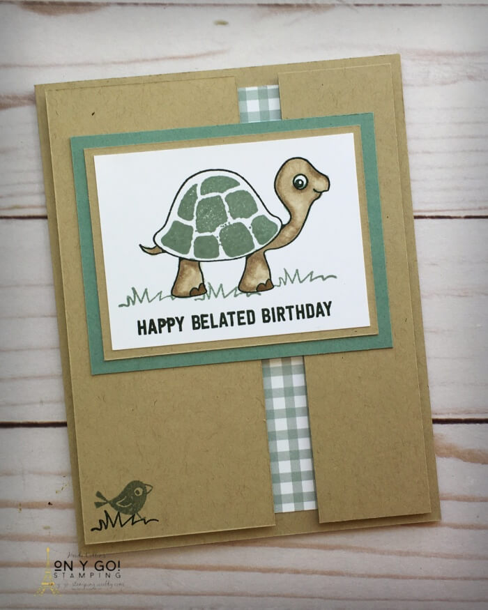 Cute belated birthday card with the Turtle Friends stamp set. See a hint of the Pansy Patch patterned paper through the split in the card front.