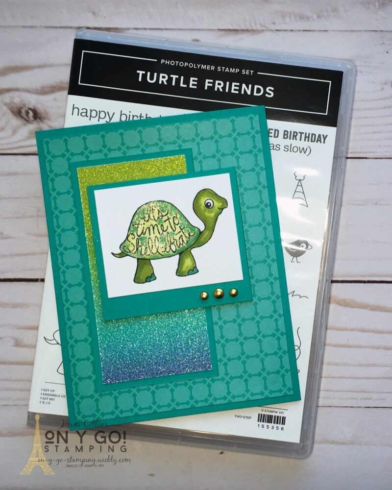 Add glitter to your handmade card without a mess with the Rainbow Glimmer Paper and Wink of Stella pen. This cute turtle card is perfect for kids or anyone!