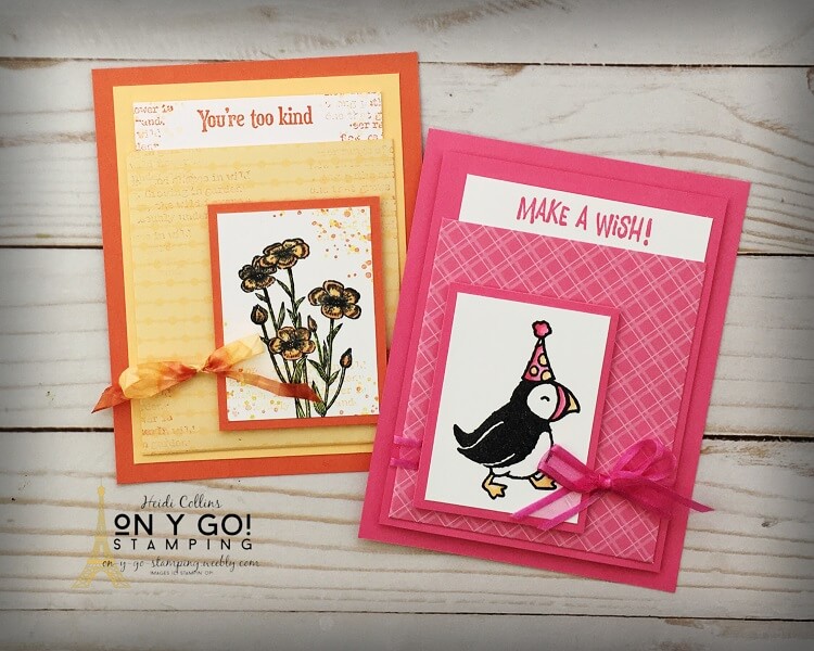 Handmade card ideas with a pocket on the front. These cards use the 2021-2023 In Color patterned paper with the Party Puffins and Quiet Meadow stamp sets from Stampin' Up!