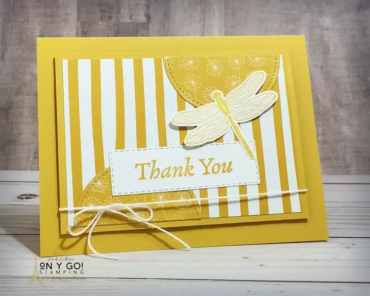 Dragonfly Garden thank you card idea based on an easy card sketch. This handmade card uses the Dandy Garden patterned paper and Dragonfly Garden stamp set from Stampin' Up!