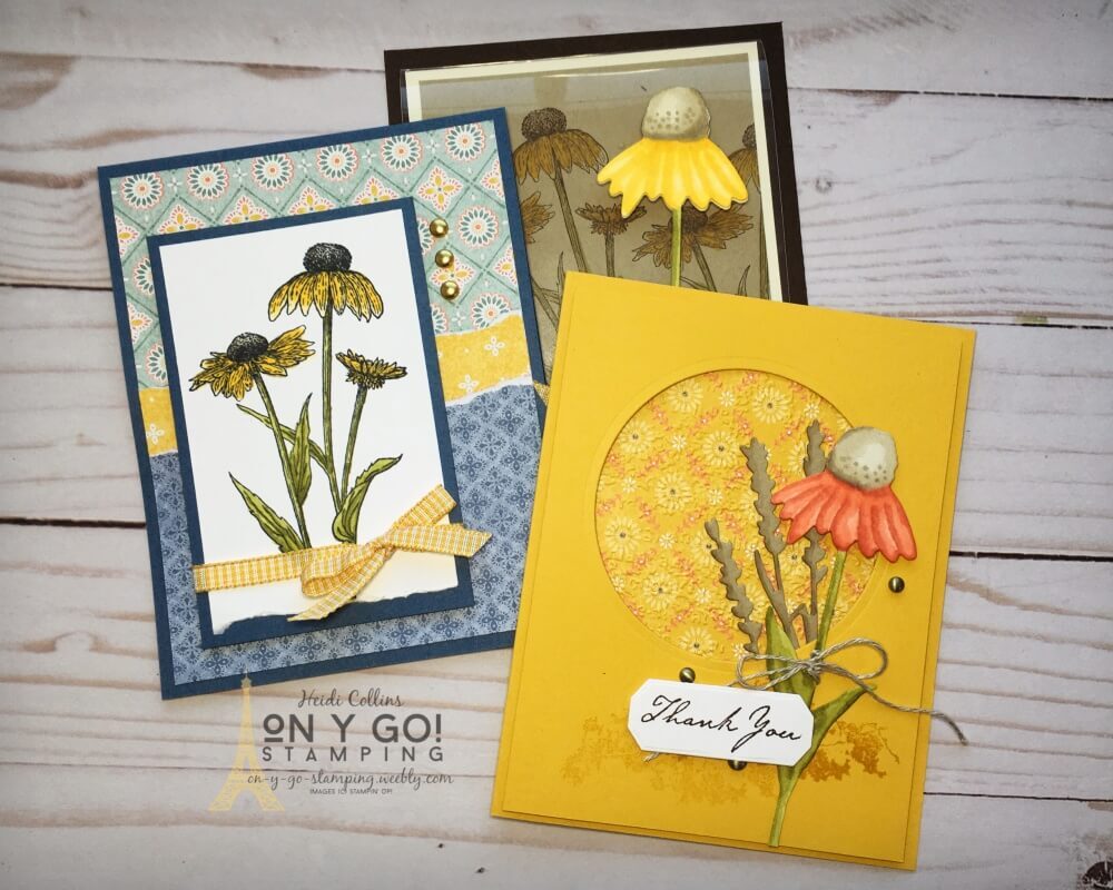 3 Fall card designs with the Nature's Harvest stamp set from Stampin' Up! Cards also feature the coordinating dies and Harvest Meadow patterned paper.