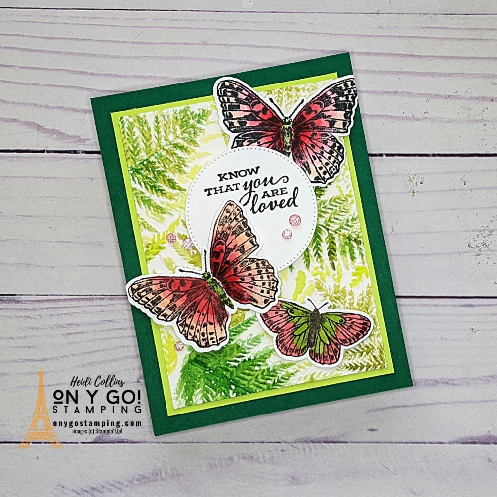 Create a beautiful background for the Butterfly Brilliance stamp set from Stampin' Up! by dry embossing ferns and watercoloring them. 