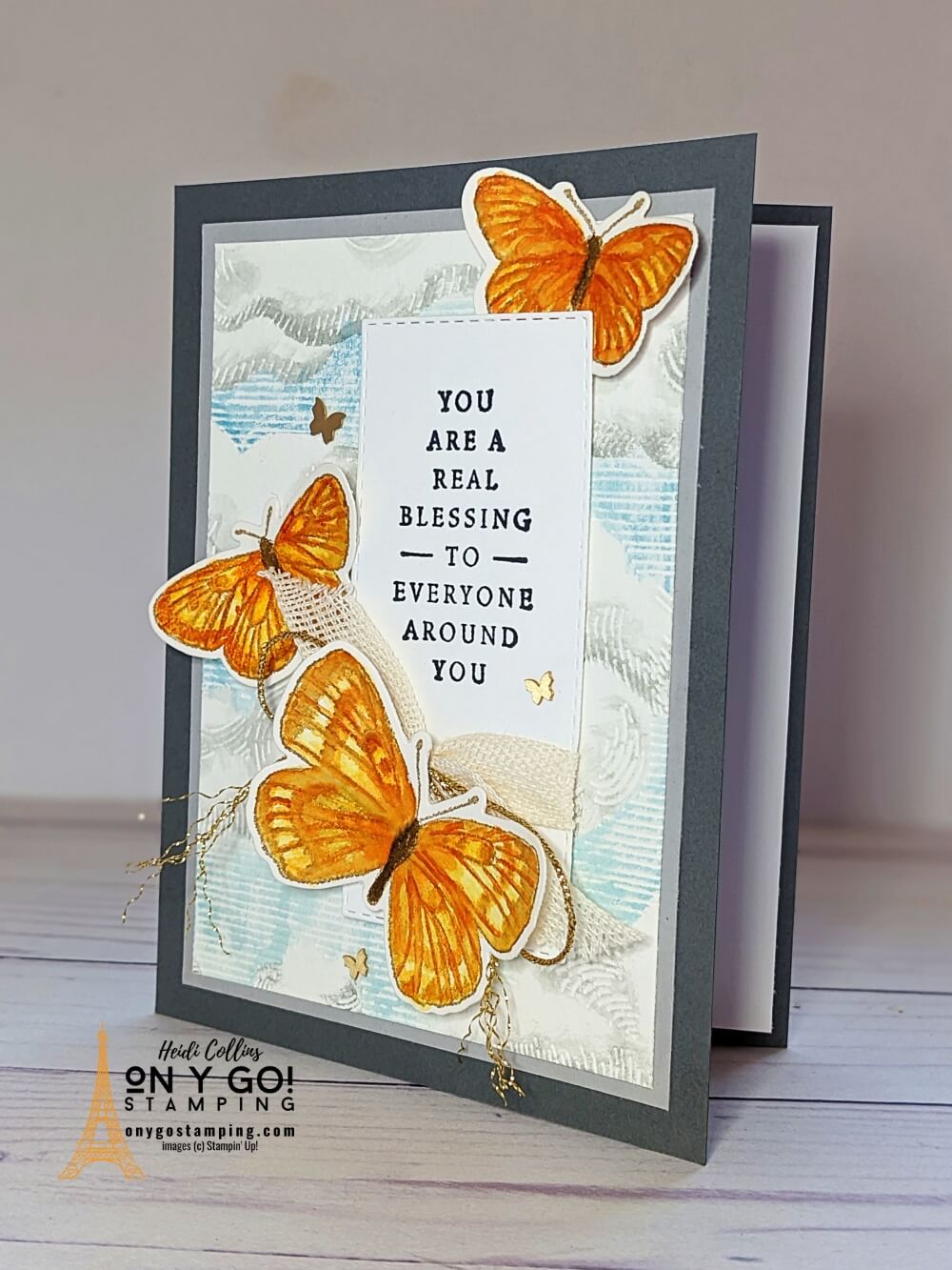 Handmade card idea using the Butterfly Brilliance stamp set from Stampin' Up!® and the no-line watercoloring technique. Plus, watercoloring on dry-embossed images!