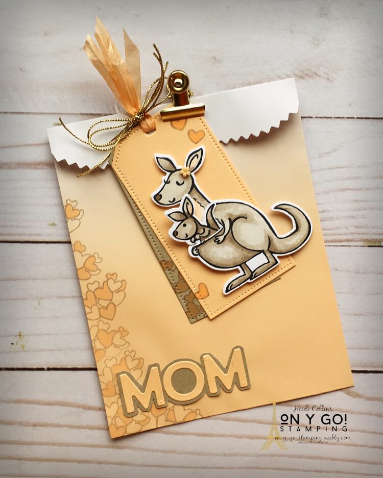 Ombré treat bag for Mother's Day or a baby shower favor. Made with the Kangaroo and Company stamp set from Stampin' Up! in Pale Papaya. 