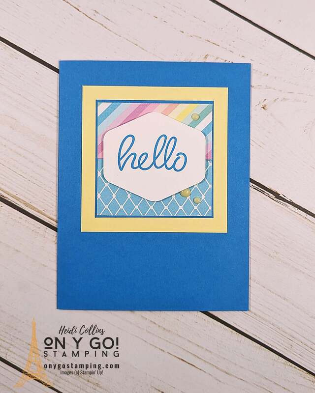 Create easy handmade cards with patterned paper. This one uses the Lighter Than Air Designer Series Paper with the Heartfelt Hellos stamp set.