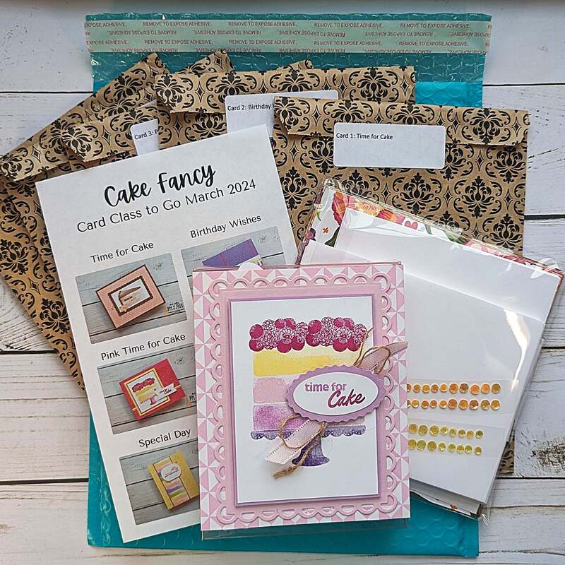 Check out the contents of the Cake Fancy Card Class to Go! All the supplies to create 2 each of 5 handmade cards, plus a special gift, and product surprises.