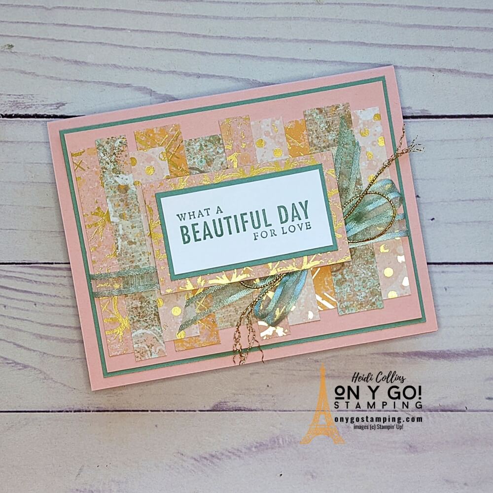 Quick and easy wedding card using patterned paper scraps from the Texture Chic collection from Stampin' Up!® See more card samples based on this simple card sketch.