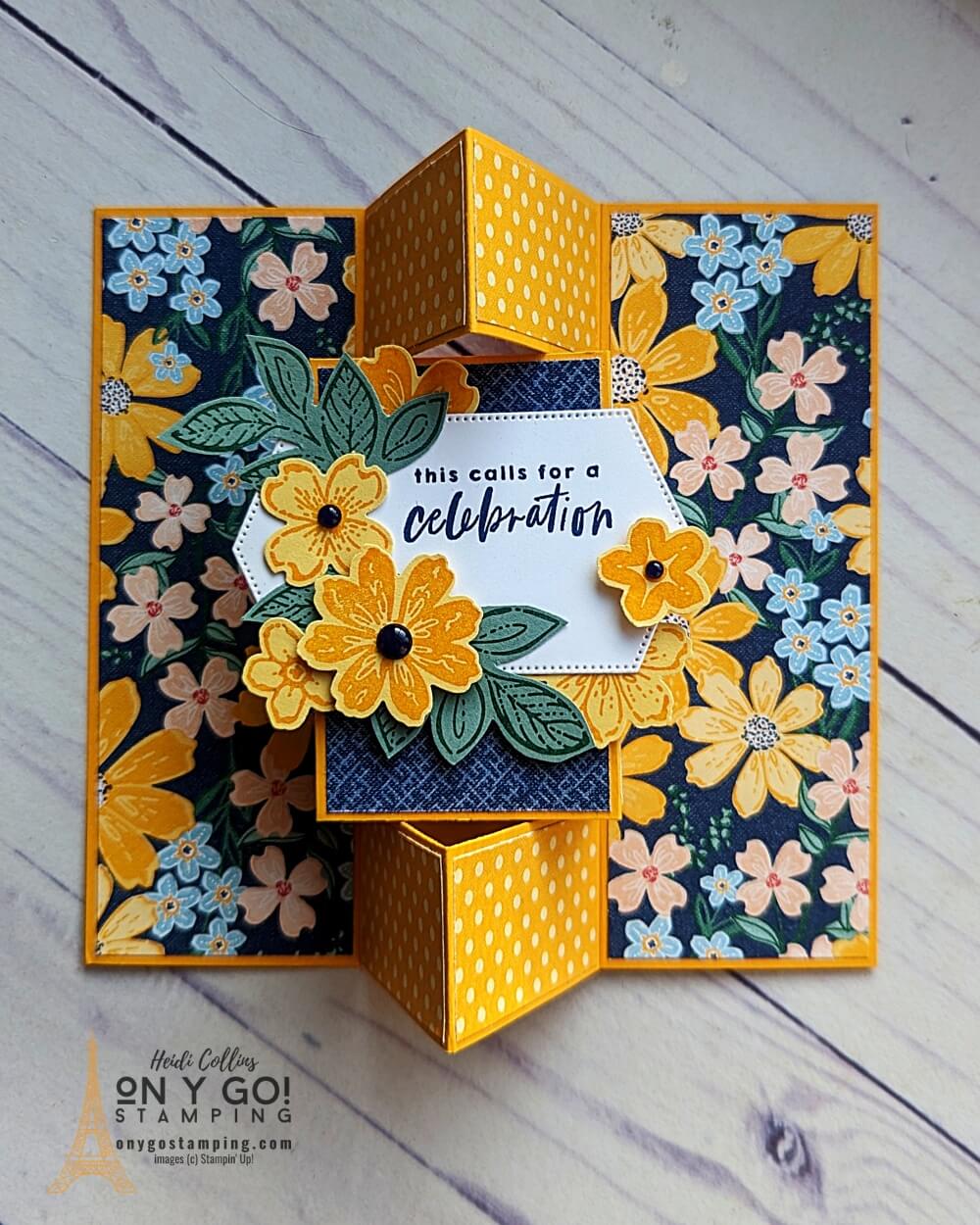 Pop Out Gate Fold Card: Check out the Petal Park stamp set from Stampin' Up!® This fun fold card  features the Petal Park stamp set and Regency Park designer series paper (DSP). With beautiful images and vibrant colors, this card is sure to bring some extra joy to its recipient. Whether you make it for a beloved friend or a special occasion, it is sure to be a hit!