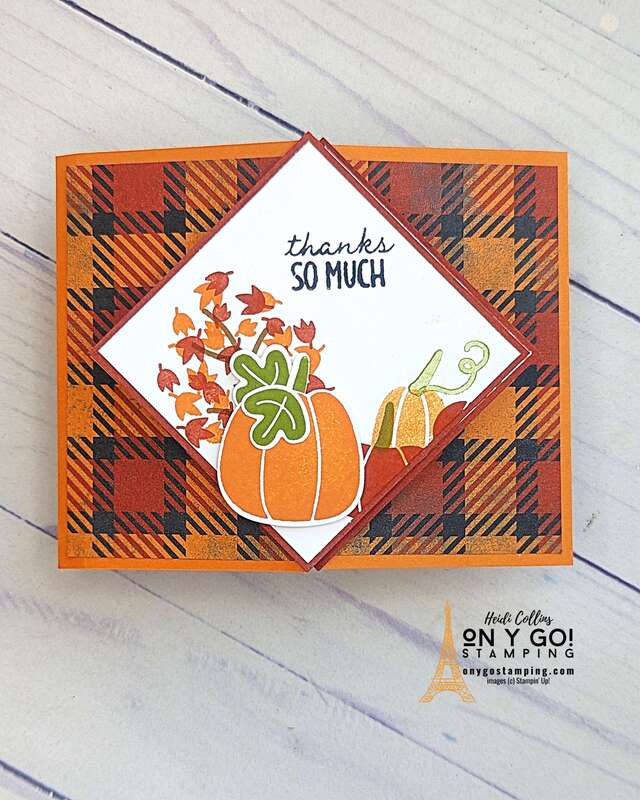 Dive into the spirit of autumn and master the art of crafting a unique, handmade fun fold card adorned with whimsical pumpkins and eerie Them Bones patterned paper. Using the Pick of the Patch stamp set and a coordinating paper punch, transform a simple diamond fold card into a stunning seasonal keepsake. Get ready to let Stampin' Up! fuel your creativity this fall. See the online card class, and let's start creating!