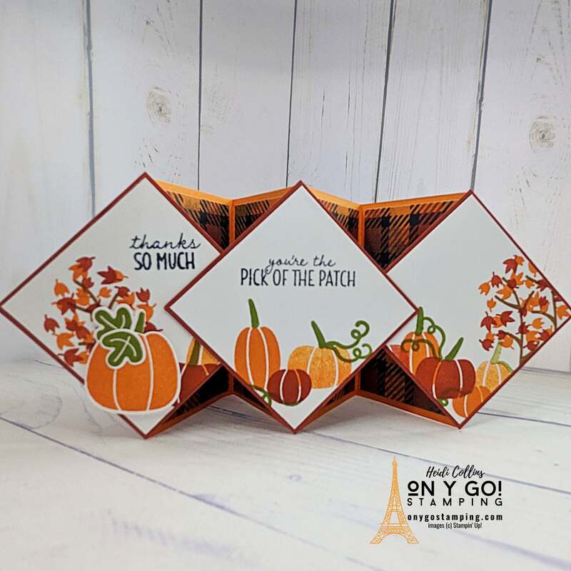 Explore your creativity with my DIY Diamond Fold Card tutorial! Highlighting the enchanting colors and motifs of fall, I'll guide you through using the Stampin' Up! Pick of the Patch stamp set and punch. Discover the charm of pumpkin designs and the spooky allure of the Them Bones patterned paper. Perfect for autumn greetings or Halloween fun! Ready to get crafting? See the online card class now!