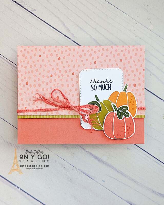 Embrace the beauty of fall with this charming, handcrafted thank you card! This unique creation uses the versatile Pick of the Patch stamp set, a matching paper punch, and alluring Garden Walk patterned paper from Stampin' Up! Add a touch of warmth to your notes with adorable pumpkin designs. Get inspired, express gratitude in a creative way. Don't miss out, see the online card class today!