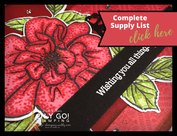 Supply list for all of the rubber stamps, ink pads, cardstocks, patterned paper, and embellishments needed to create a beautiful handmade card design with the To a Wild Rose stamp set from Stampin' Up!