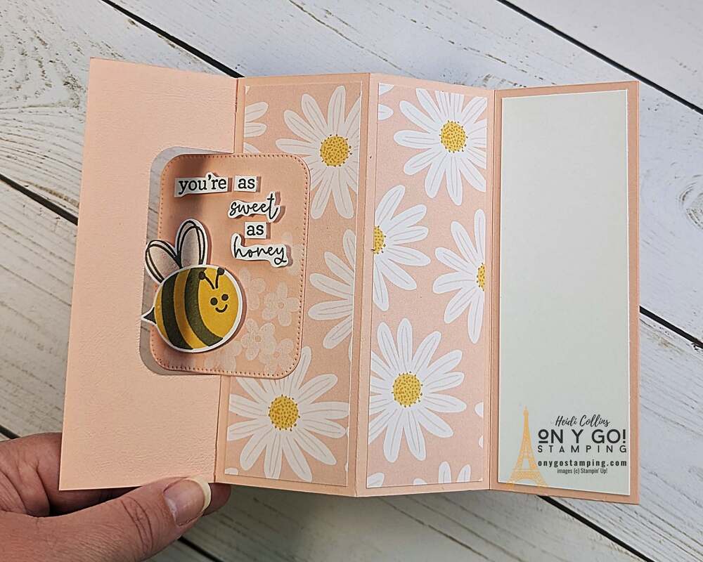 Pop out swing card using the Delightfully Eclectic patterned paper. This handmade fun fold thank you card uses the Bee my Valentine stamp set.