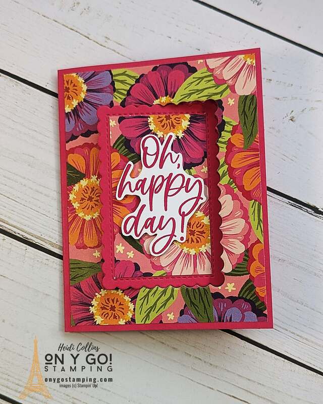 Bright and cheery fun fold card using the Kindest Expressions stamp set and the Flowering Zinnias patterned paper from Stampin' Up! See how to make this easy pop out swing card in the step-by-step video tutorial.