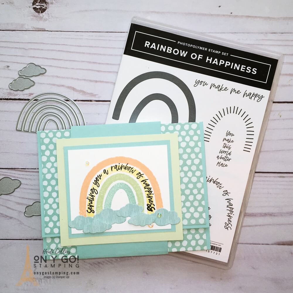 Fun fold card idea with the NEW Rainbows of Happiness stamp set from the Stampin' Up! January-June 2022 Mini Catalog. This fancy fold card idea holds a gift card and is perfect for sending someone a little rainbow of happiness.