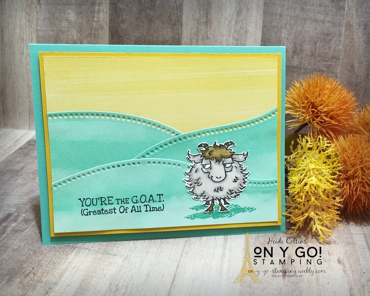 Card design using the Way to Goat stamp set and Curvy dies from Stampin' Up! with the Playing with Patterns patterned paper.
