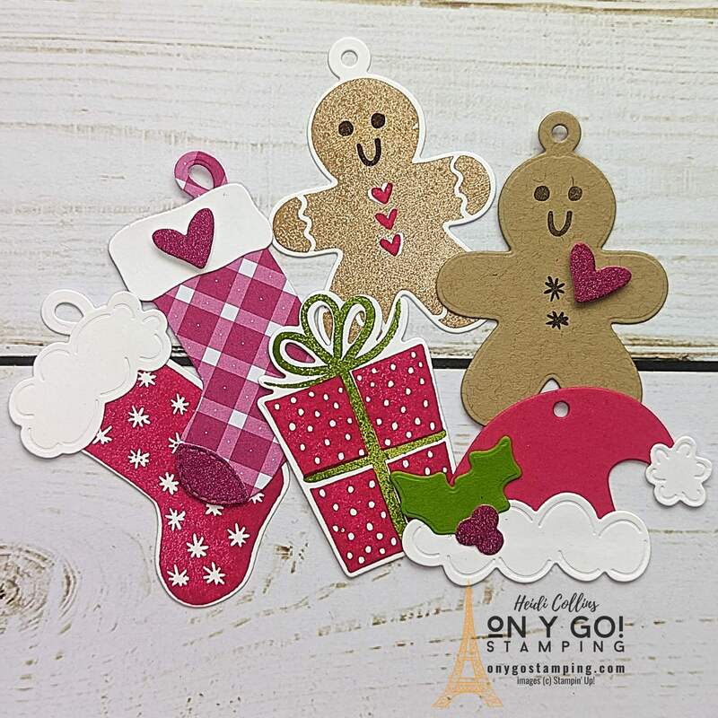 Handmade Christmas gift tags made with the Sending Cheer stamp set from Stampin' Up! I love using Melon Mambo and Granny Apple Green for Christmas!