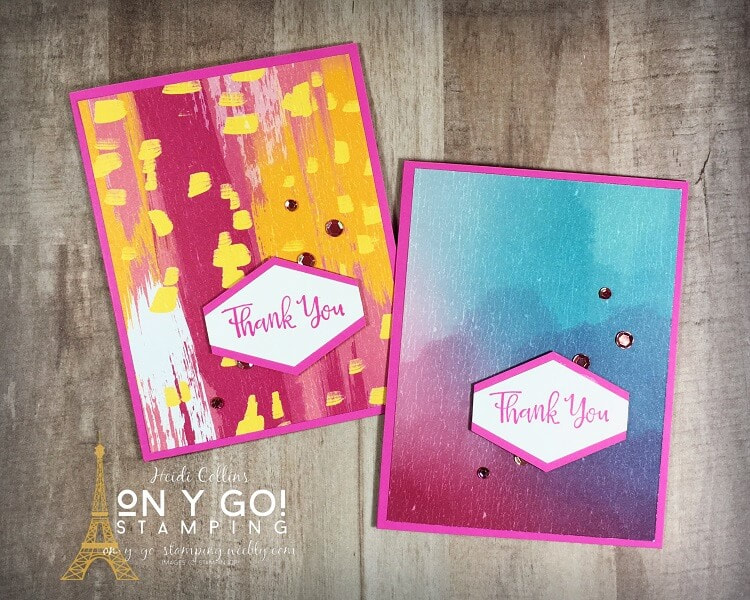 In a hurry? Do some simple stamping to create quick and easy cards with the help of patterned paper. Card making ideas using the Artistry Blooms patterned paper, Peaceful Moments stamp set, and Tailored Tag Punch from Stampin' Up!
