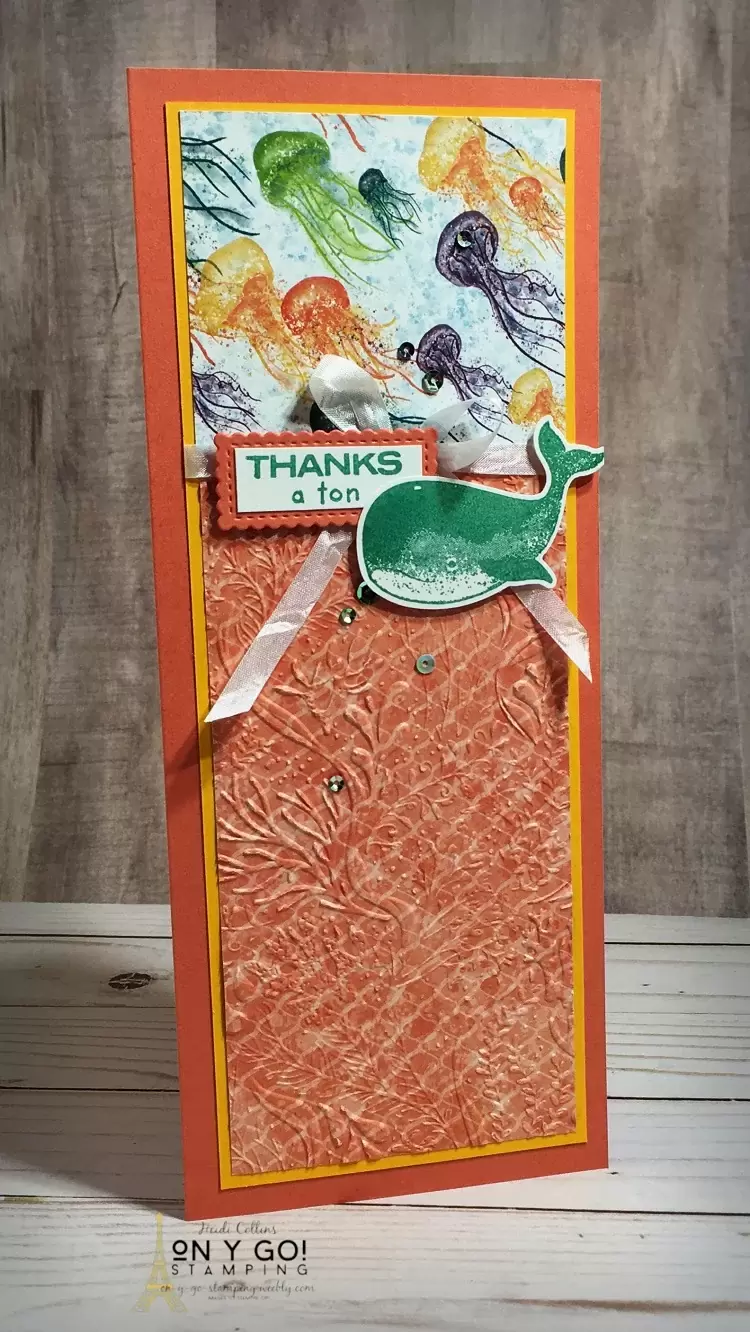 Thank you slim line card with the Whale of a Time patterned paper and Whale Done stamp set from Stampin' Up!
