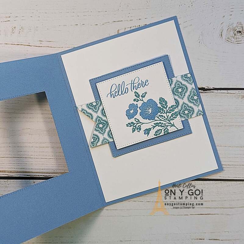 Here's an easy Buckle Fold fun fold card design after you've opened the front of the card. The flap threads through the window on the front of the card. This sample card design uses the Softly Sophisticated stamp set with the Poetic Expressions patterned paper from Stampin' Up!®️ 