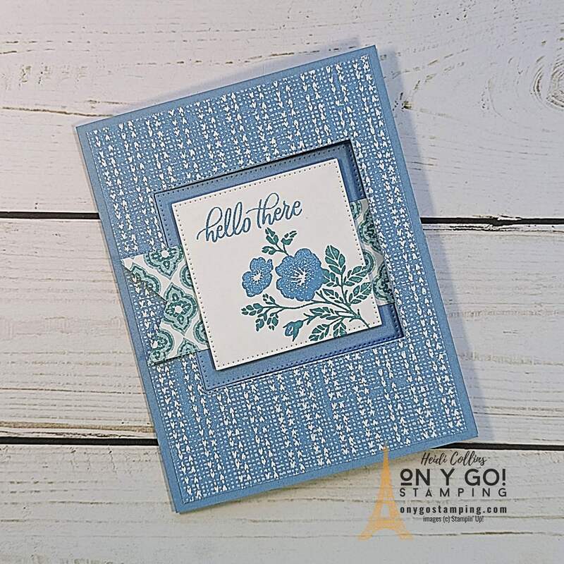 Check out this easy fun fold card with a window buckle. The flap threads through the window on the front of the card. This sample card design uses the Softly Sophisticated stamp set with the Poetic Expressions patterned paper from Stampin' Up!®️ 