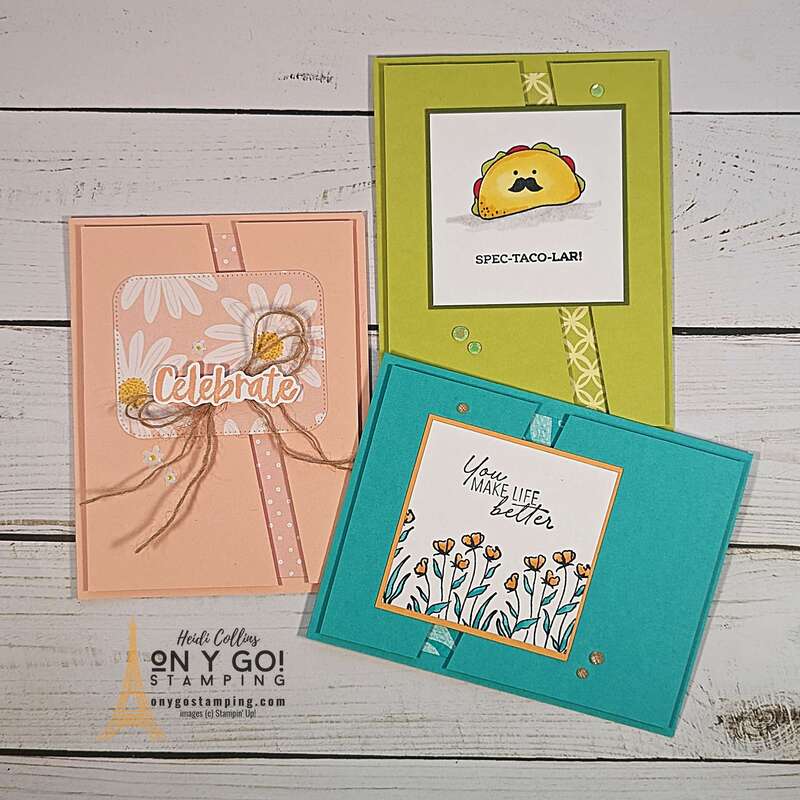 Easy handmade cards using a card template as a guide. See the card samples and supply lists for this Split Front card.
