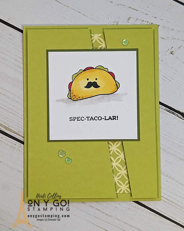 Use an easy card sketch to create a fun handmade card with the Taco Fiesta stamp set and Flowering Zinnias Designer Series Paper.