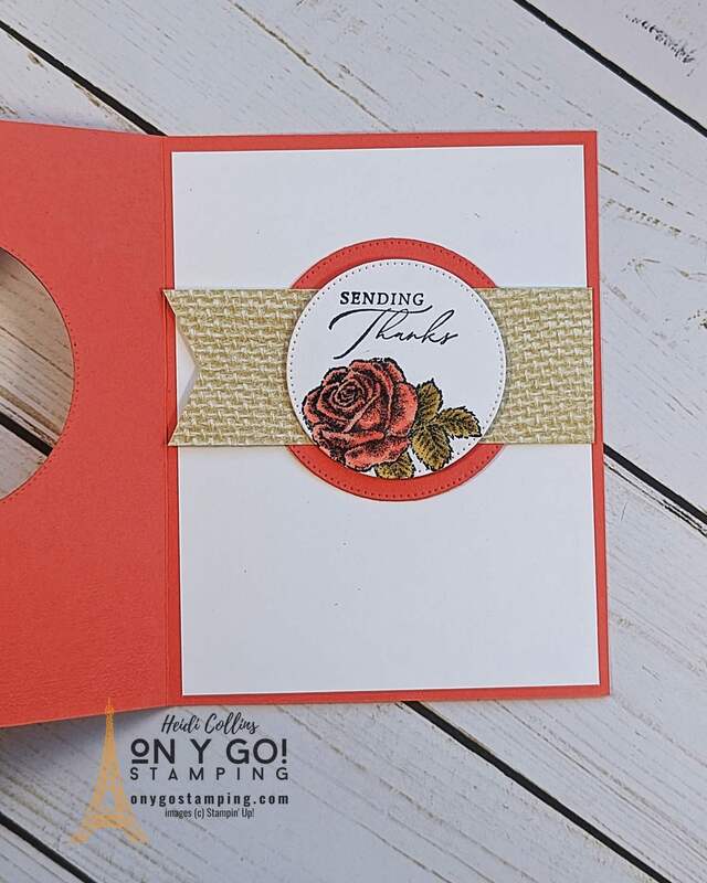 Inside of a fun fold window buckle card made with the Softly Stippled patterned paper and Stippled Roses stamp set from Stampin' Up!®️ 