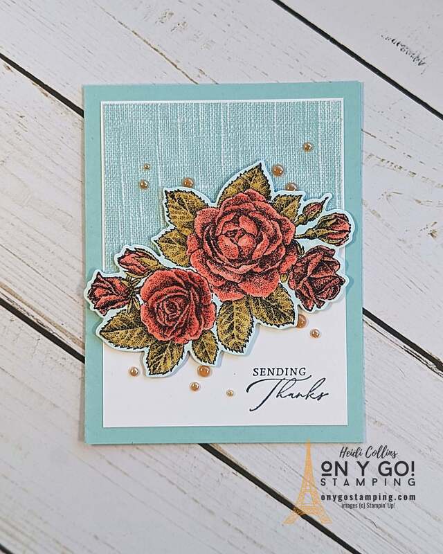 Create a beautiful floral thank you card with the Stippled Roses stamp set and coordinating Softly Stippled patterned paper from Stampin' Up!®️ Get this patterned paper free during Sale-a-Bration 2024.