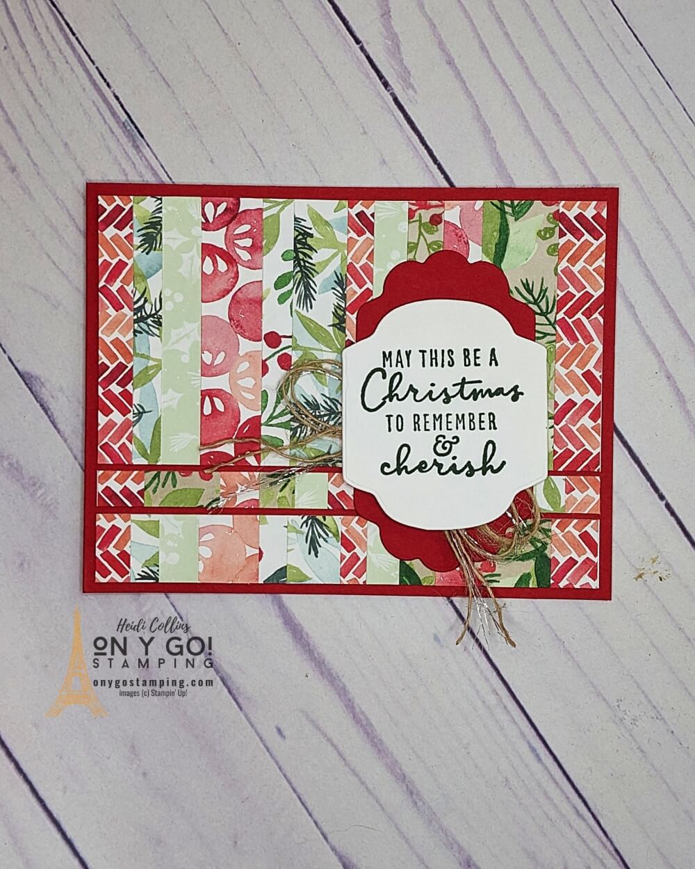 Make a beautiful handmade Christmas card using scraps of holiday patterned paper like the Painted Christmas paper from Stampin' Up! Finish it off with a simple sentiment!
