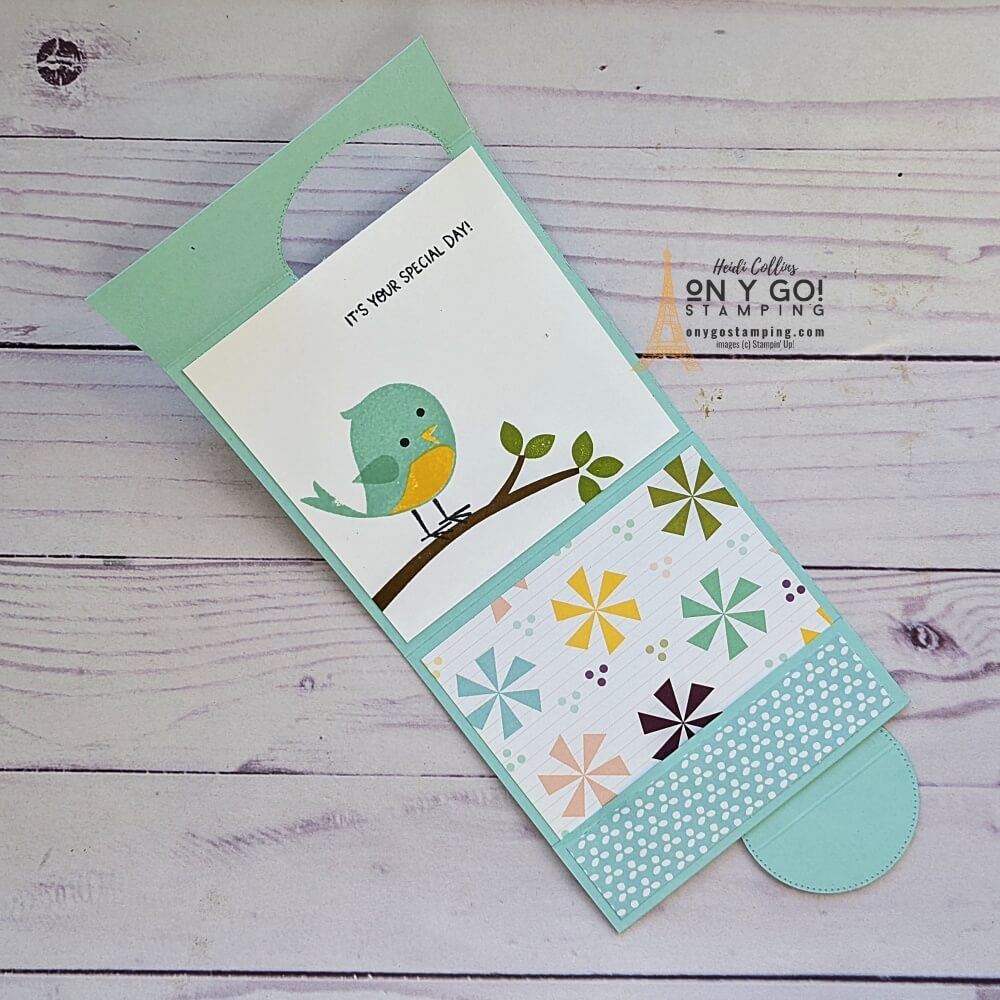 Inside a fun fold card and gift card holder made with the Sweet Songbirds stamp set and Design a Daydream patterned paper from Stampin' Up! Get the cutting dimensions, supply lists, and video tutorial.