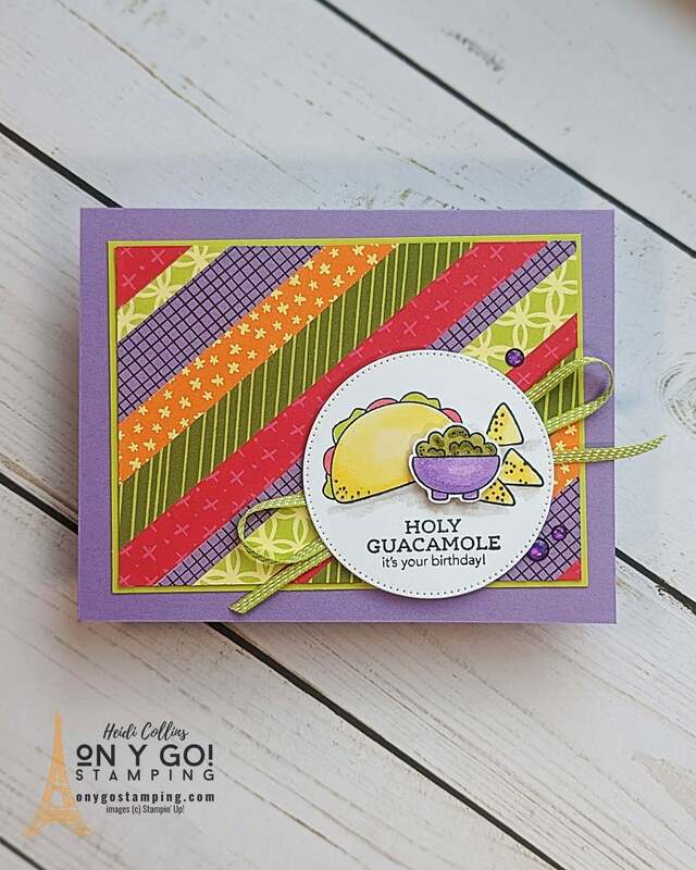 Got paper scraps? Here's a great card making idea for using up your patterned paper scraps. I used the Taco Fiesta stamp set with the Flowering Zinnias Designer Series Paper from Stampin' Up!®️ 