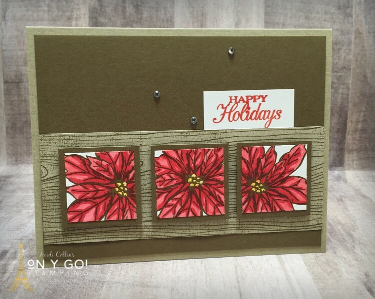 Card making idea using the Poinsettia Petals stamp set and Poinsettia Place patterned paper from Stampin' Up! This easy card design is based on a simple card sketch.