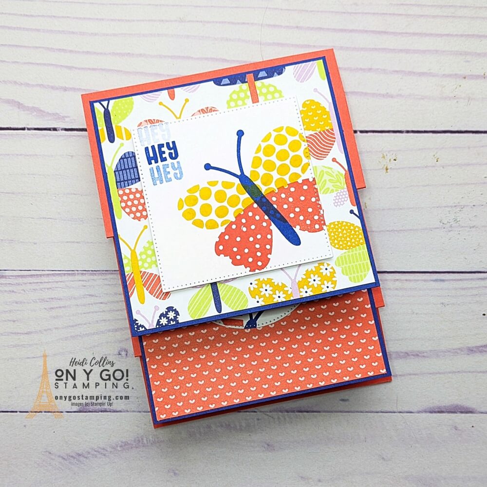 Fun fold card idea using the Best Butterflies stamp set from Stampin' Up! See more samples, get the supply list, video tutorial, and a free downloadable quick-reference guide for this fun fold card.
