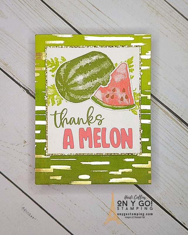 Use a brayer to add color to the Most Adored patterned paper to create a stunning handmade card with the Watercolor Melon stamp set. These rubber stamps and patterned paper are available for FREE with a $50 purchase during Sale-A-Bration 2024.