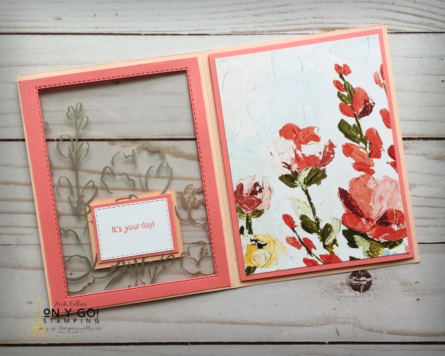 The fine Art Floral patterned paper is the star of this gorgeous birthday card. The fun fold card design has a window cut from the front to show a second card below.