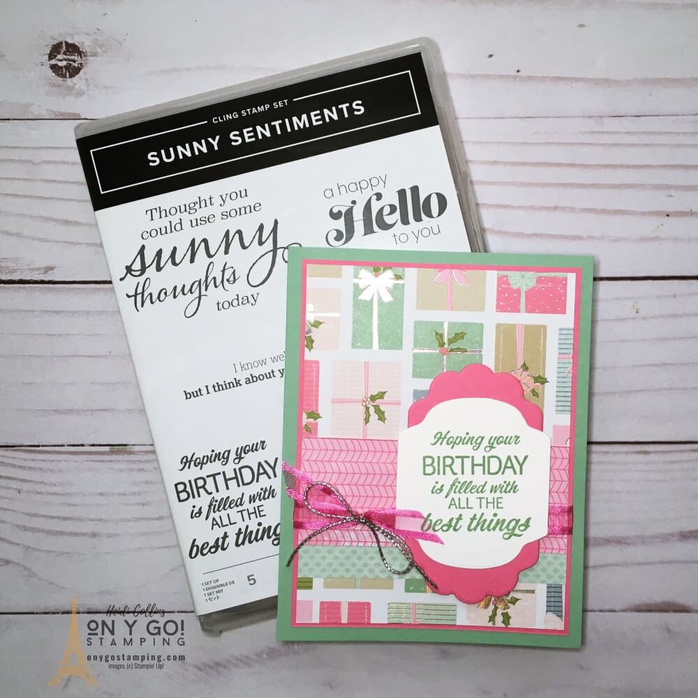 Quick and easy birthday card idea with the Whimsy and Wonder scrapbooking paper and the Sunny Sentiments stamp set from Stampin' Up! See more ideas for this gorgeous paper!