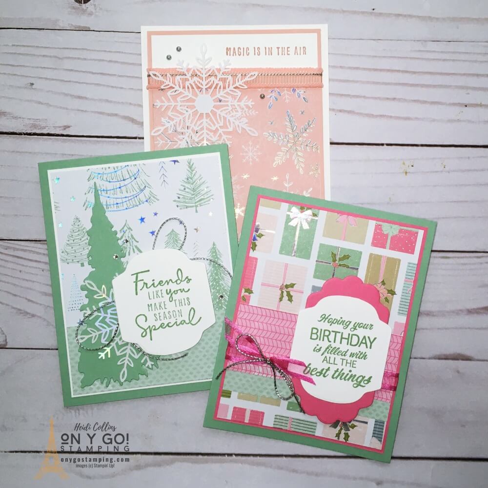 Easy cardmaking ideas with the Whimsy and Wonder scrapbooking paper from Stampin' Up! See cutting dimensions, supply lists, and more.