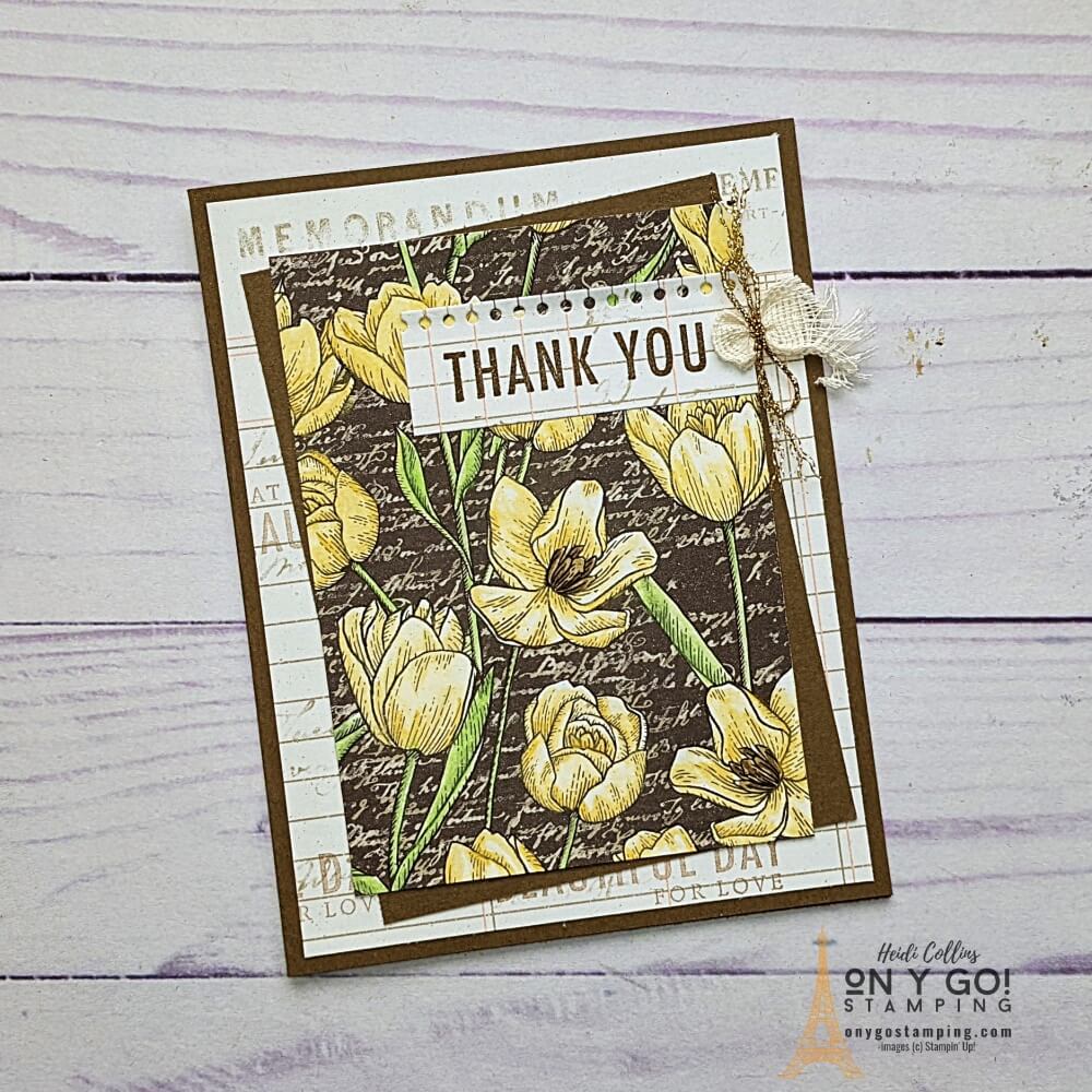 Use a blender pen with the soft pastels to color the tulips on the Abigail Rose patterned paper. This beautiful handmade card uses the Blessings of Home stamp set from Stampin' Up!® for the sentiment. Click to see the video tutorial.