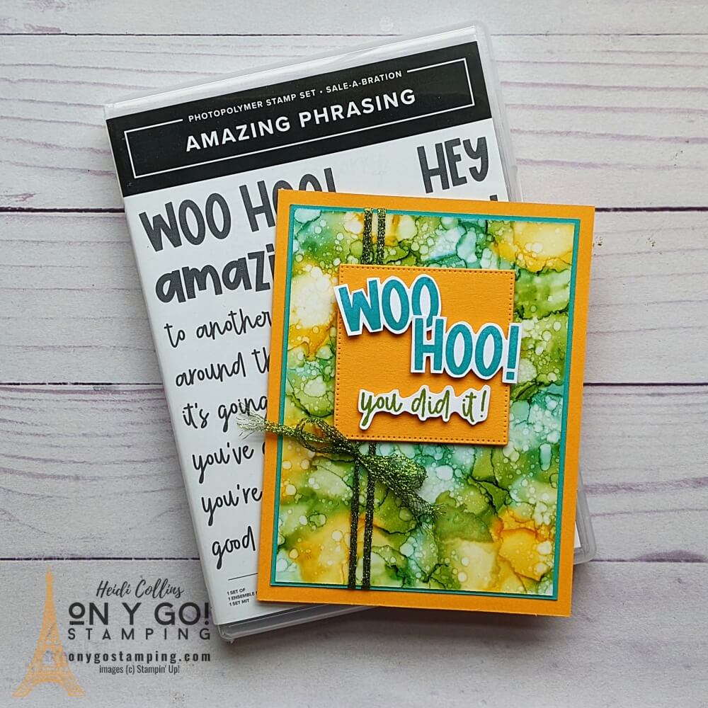 See how to create this fun alcohol technique background. Includes video tutorial. Sample card uses the Amazing Phrasing stamp set from Stampin' Up!® that will be available for FREE in July & August 2022.