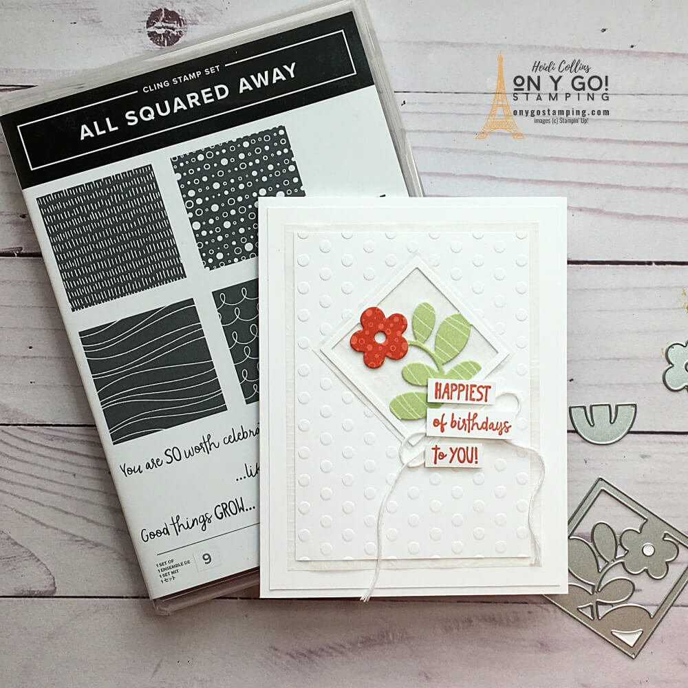 Clean and simple card design featuring the All Squared Away stamp set and dies from Stampin' Up! See the complete supply list and more sample CAS card designs.