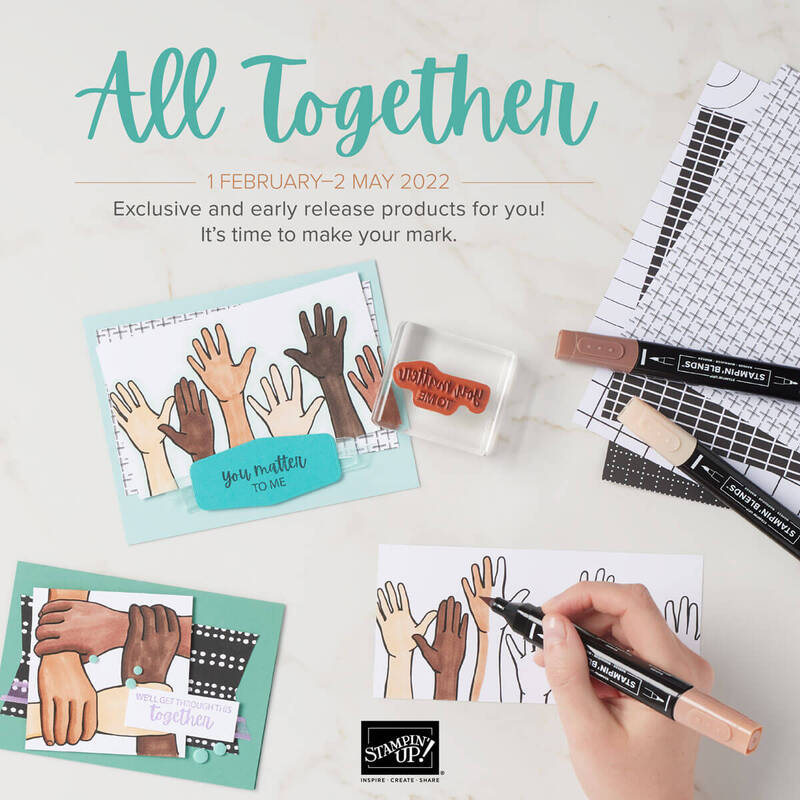 The All Together suite from Stampin' Up! features the Here Together stamp set, dies, All Together patterned paper, and Natural Tones Stampin' Blends alcohol markers.