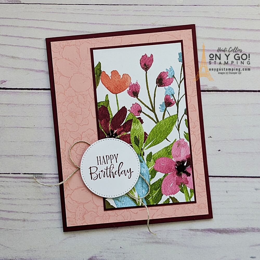Handmade birthday card idea from a simple card sketch. This design uses the Blessings of Home and Peaceful Moments stamp sets from Stampin' Up! along with the new Awash in Beauty patterned paper.