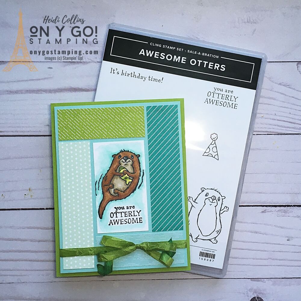 Quick and easy handmade card with the Awesome Otters stamp set and Sunshine & Rainbows patterned paper. Get these stamps and papers free during Sale-A-Bration 2022 from Stampin' Up!